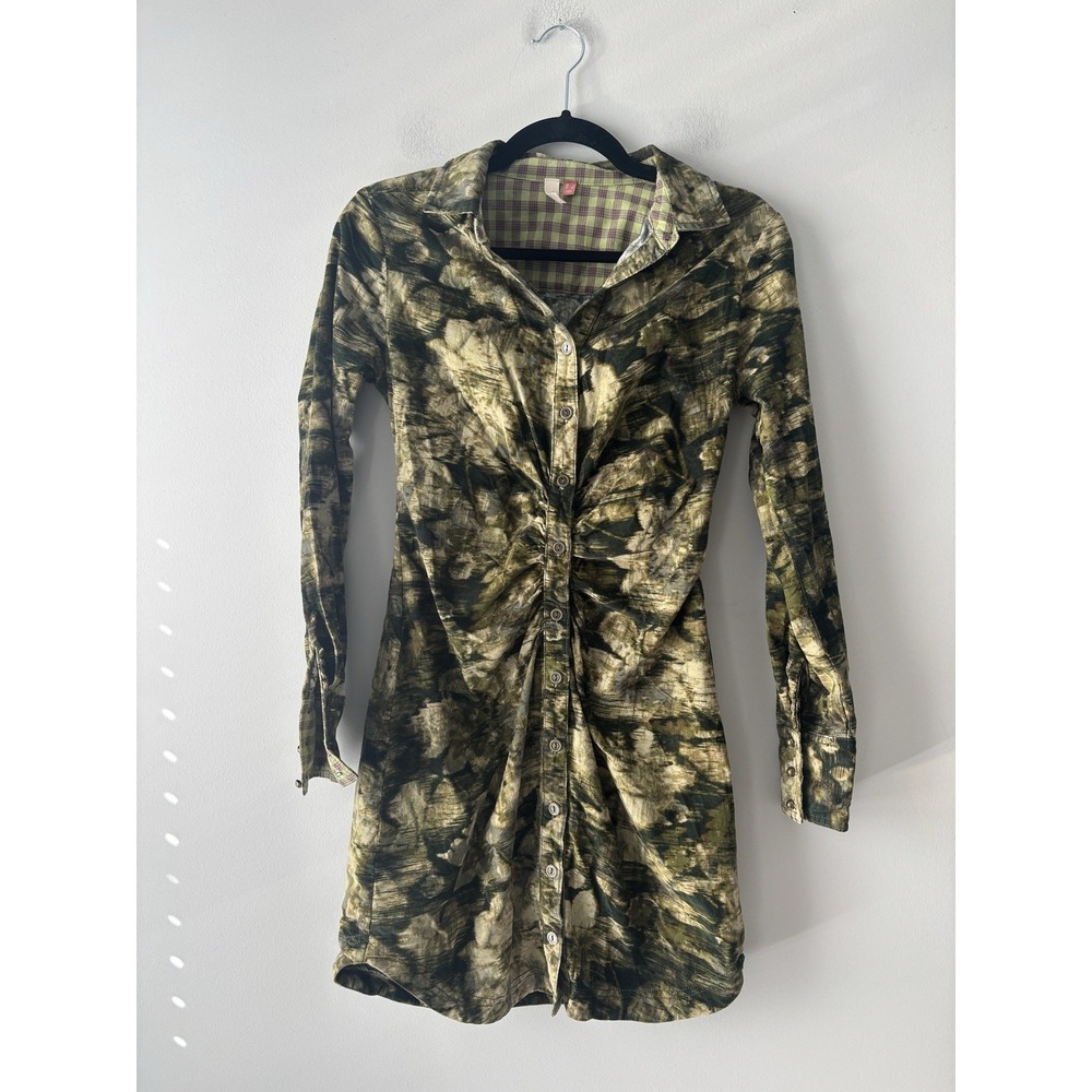 Anthropologie Pilcro Ruched‎ Corduroy Green Printed Mini Shirt Dress Size 0 - Picture 12 of 13